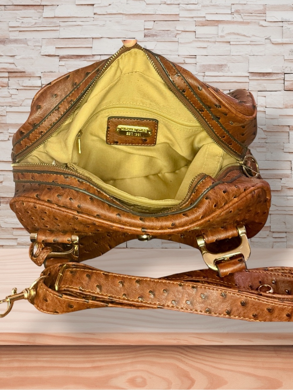 Michael Kors Cognac Ostrich-Embossed Leather Satchel w/ Guillotine Closure - Picture 7 of 8